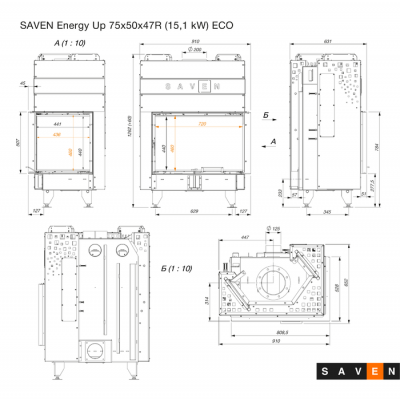 Каминная угловая топка SAVEN Energy Up 75х50х47R (15,1 kW) ECO