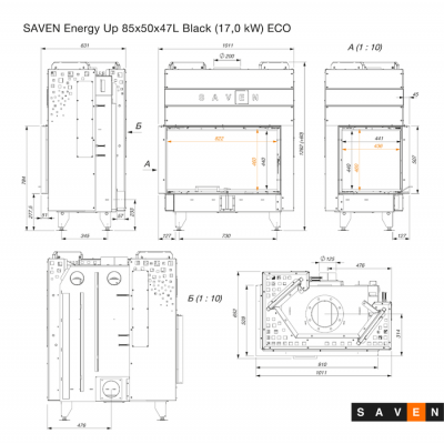 Каминная угловая топка SAVEN Energy Up 85х50х47L Black (17,0 kW) ECO