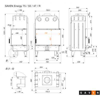 Камінна топка кутова SAVEN Energy 75×50×47R (15,1 kW) ECO