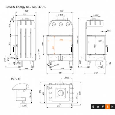 Камінна топка кутова SAVEN Energy 65х50х47L Black (14,5 kW) ECO