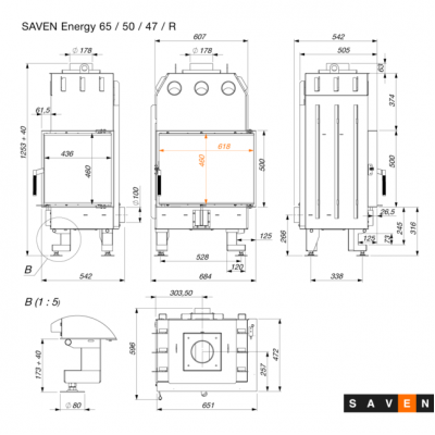 Камінна топка кутова SAVEN Energy 65×50×47R Black (14,5 kW) ECO