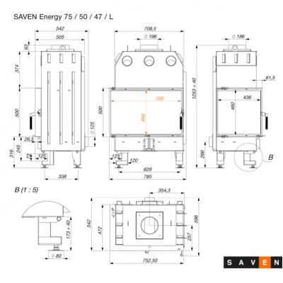 Камінна топка кутова SAVEN Energy 75х50х47L Black (15,1 kW) ECO